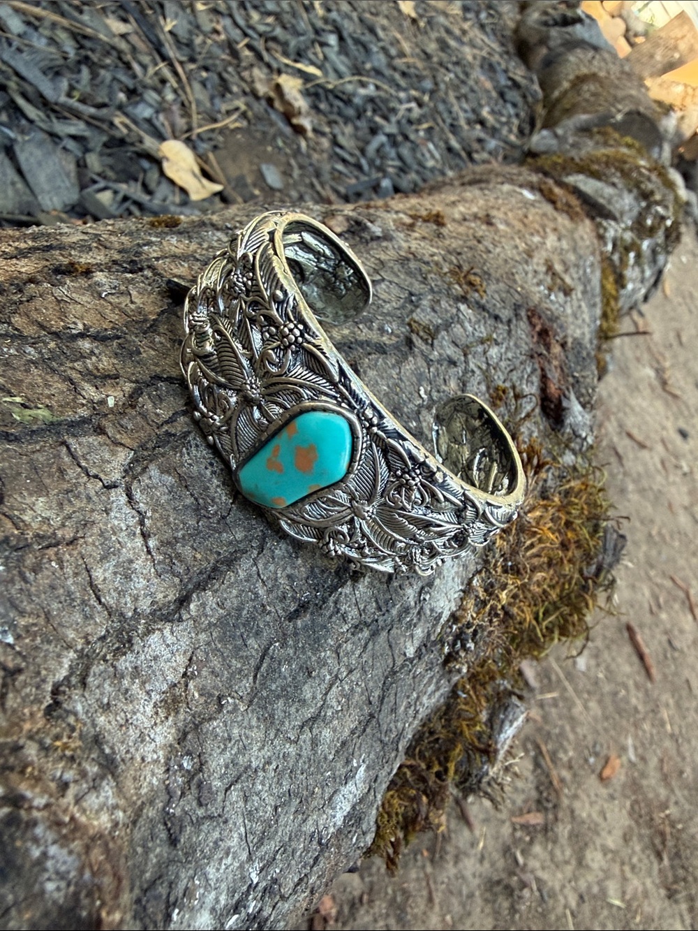 Turquoise Teardrop Stone Silver Filigree Cuff Bracelet - Women Jewelry